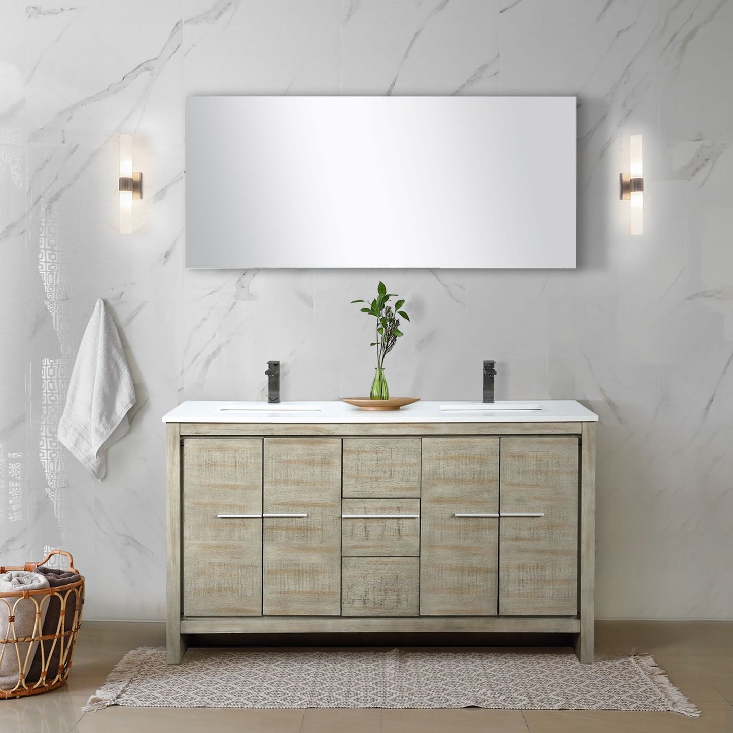 Lexora Collection Lafarre 60 inch Rustic Acacia Double Bath Vanity, Cultured Marble Top, Faucet Set and 55 inch Mirror - Luxe Bathroom Vanities