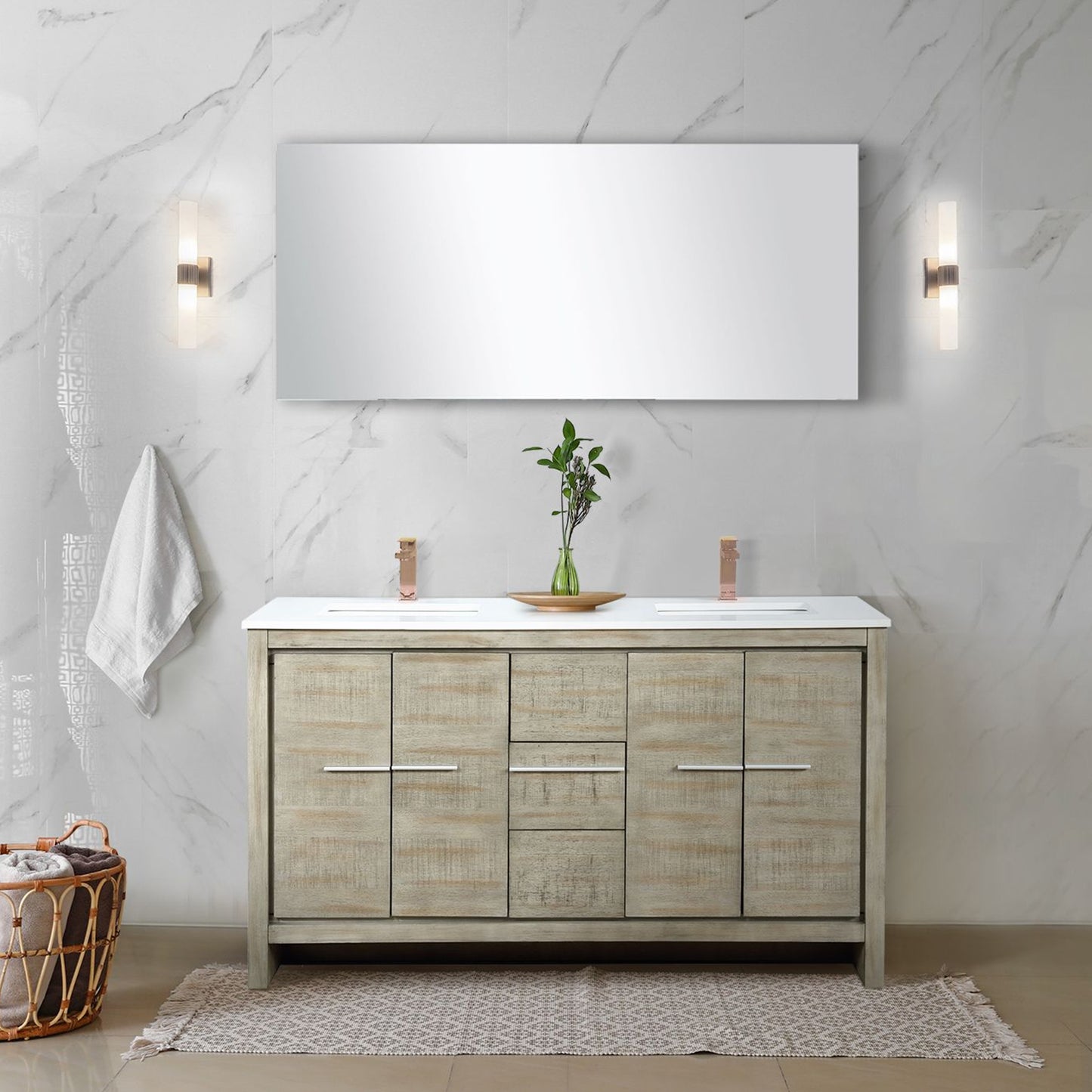 Lexora Collection Lafarre 60 inch Acacia Double Bath Vanity, White Quartz Top and Faucet Set - Luxe Bathroom Vanities