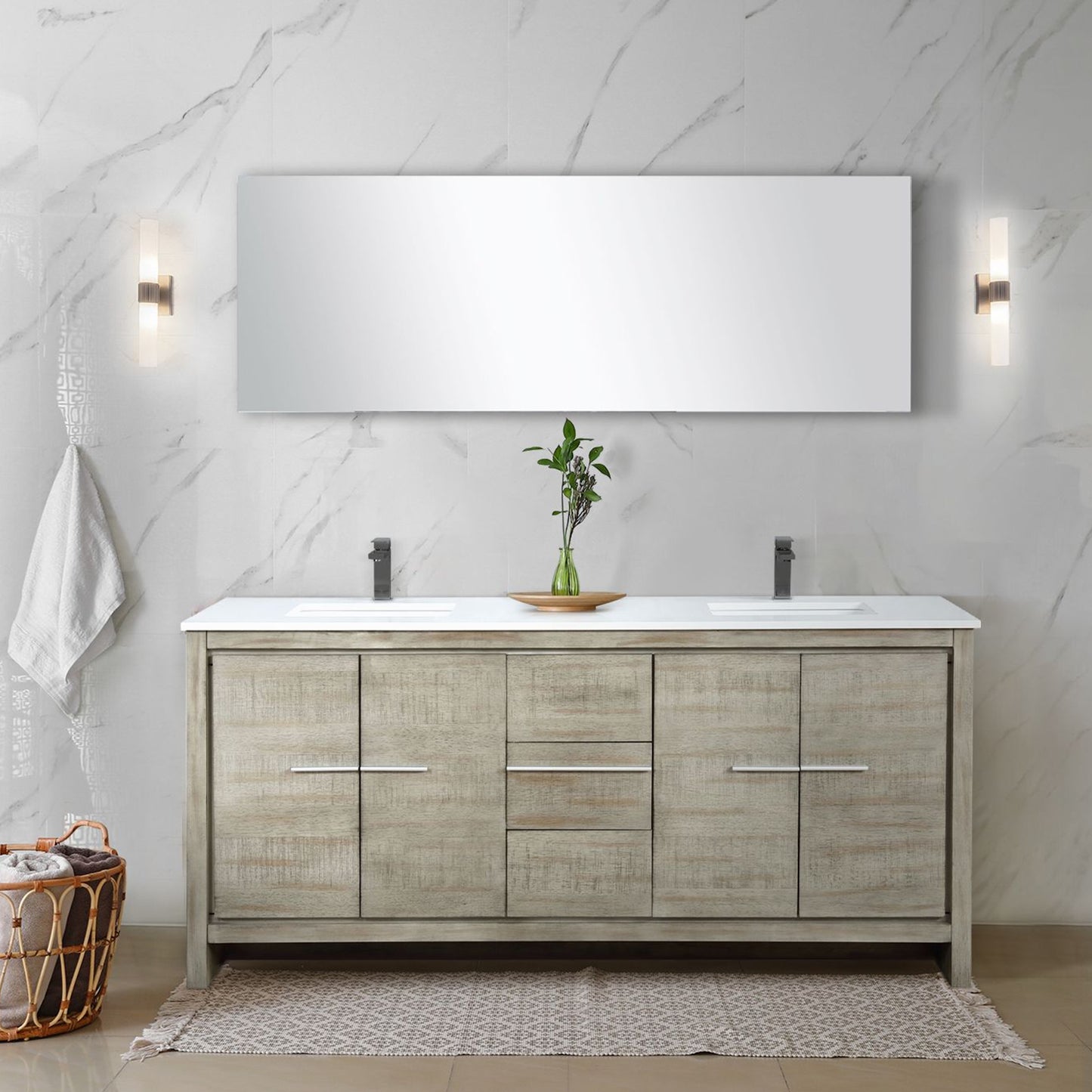 Lexora Collection Lafarre 72 inch Rustic Acacia Double Bath Vanity, Cultured Marble Top, Faucet Set and 70 inch Mirror - Luxe Bathroom Vanities