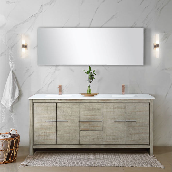 Lexora Collection Lafarre 72 inch Rustic Acacia Double Bath Vanity, White Quartz Top, Faucet Set and 70 inch Mirror - Luxe Bathroom Vanities