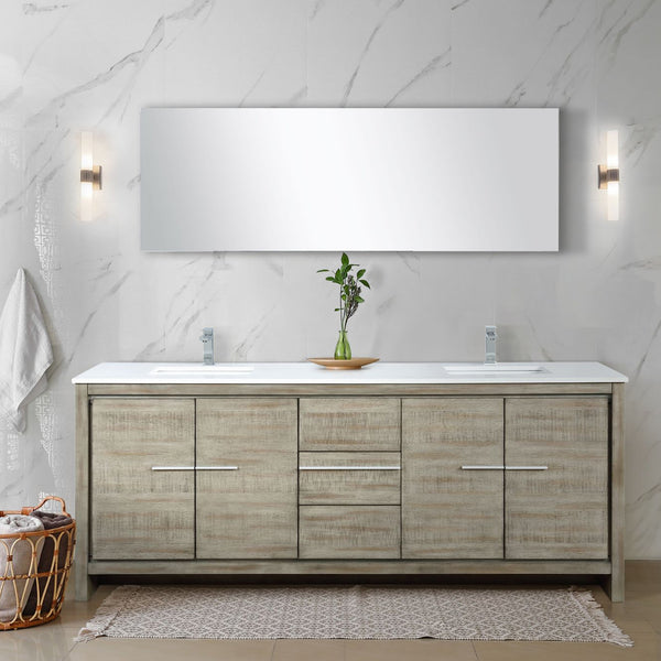 Lexora Collection Lafarre 80 inch Rustic Acacia Double Bath Vanity, White Quartz Top, Faucet Set and 70 inch Mirror - Luxe Bathroom Vanities
