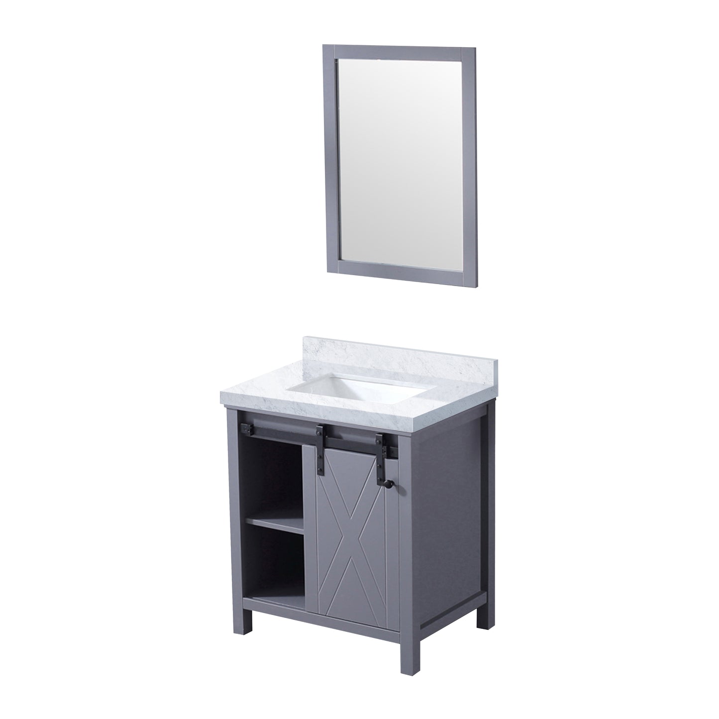 Lexora Collection Marsyas 30 inch Dark Grey Bath Vanity and Carrara Marble Countertop and 28 inch Mirror - Luxe Bathroom Vanities