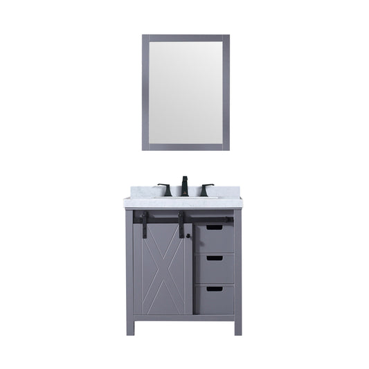 Lexora Collection Marsyas 30 inch Dark Grey Bath Vanity, Carrara Marble Countertop, Faucet Set and 28 inch Mirror - Luxe Bathroom Vanities