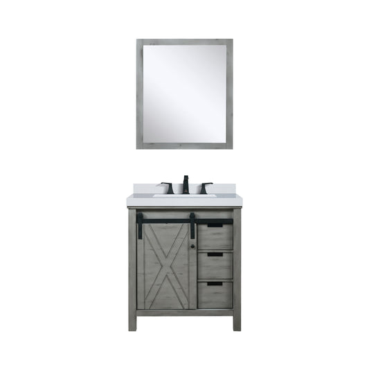 Lexora Collection Marsyas 30 inch Bath Vanity, White Quartz Countertop, Faucet Set and 28 inch Mirrror - Luxe Bathroom Vanities