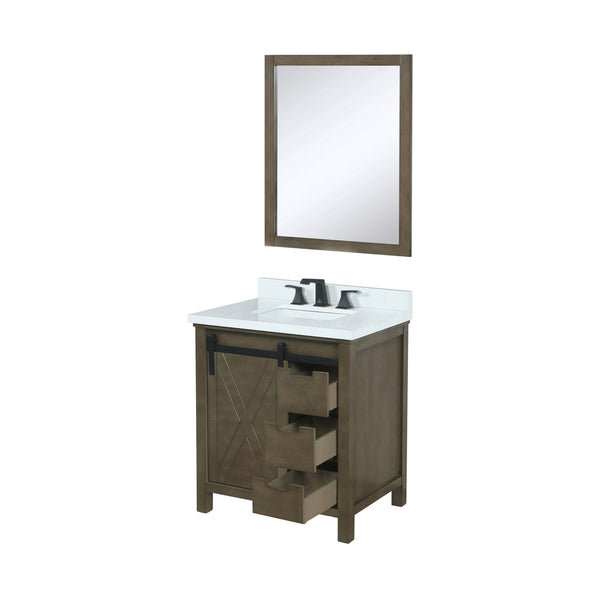 Lexora Collection Marsyas 30 inch Bath Vanity, White Quartz Countertop, Faucet Set and 28 inch Mirrror - Luxe Bathroom Vanities