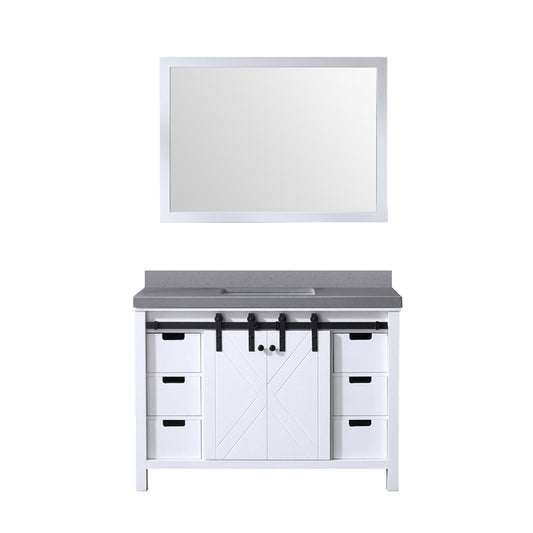 Lexora Collection Marsyas 48 inch White Bath Vanity and Grey Quartz Countertop and 44 inch Mirror - Luxe Bathroom Vanities
