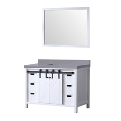 Lexora Collection Marsyas 48 inch White Bath Vanity and Grey Quartz Countertop and 44 inch Mirror - Luxe Bathroom Vanities