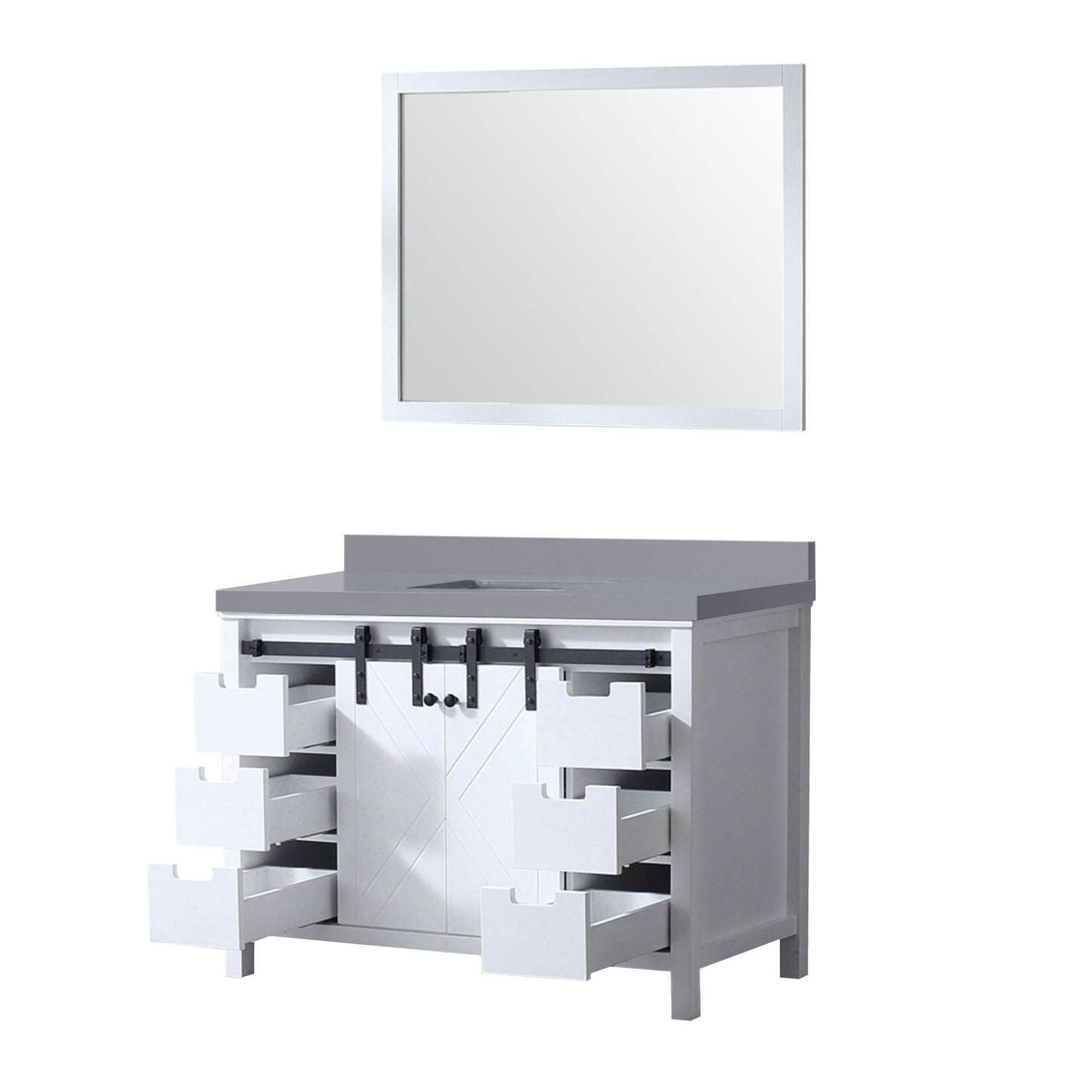 Lexora Collection Marsyas 48 inch White Bath Vanity and Grey Quartz Countertop and 44 inch Mirror - Luxe Bathroom Vanities