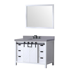 Lexora Collection Marsyas 48 inch White Bath Vanity, Grey Quartz Countertop, Faucet Set and 44 inch Mirror - Luxe Bathroom Vanities