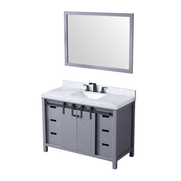 Lexora Collection Marsyas 48 inch Dark Grey Bath Vanity, Carrara Marble Countertop, Faucet Set and 44 inch Mirror - Luxe Bathroom Vanities