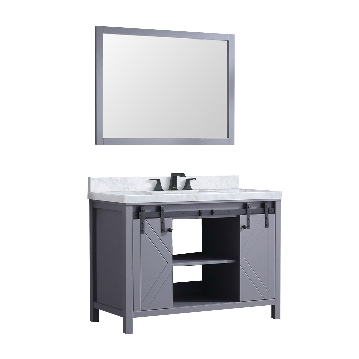 Lexora Collection Marsyas 48 inch Dark Grey Bath Vanity, Carrara Marble Countertop, Faucet Set and 44 inch Mirror - Luxe Bathroom Vanities