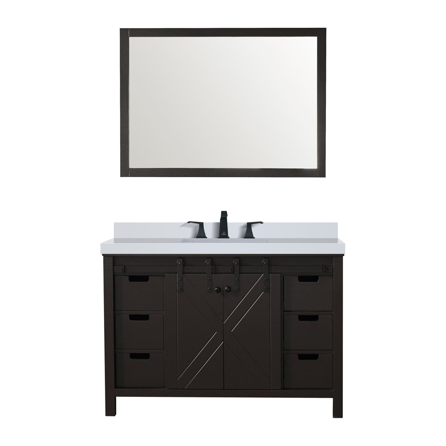 Lexora Collection Marsyas 48 inch Bath Vanity, White Quartz Countertop, Faucet Set and 44 inch Mirror - Luxe Bathroom Vanities