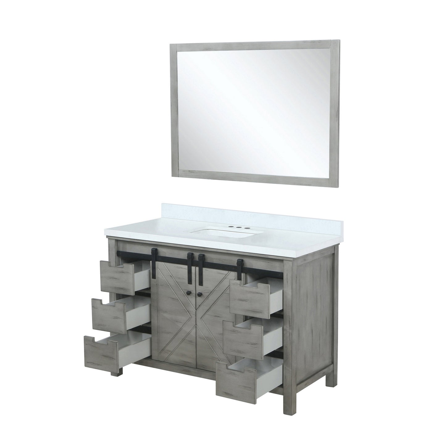 Lexora Collection Marsyas 48 inch Bath Vanity, White Quartz Countertop and 44 inch Mirror - Luxe Bathroom Vanities