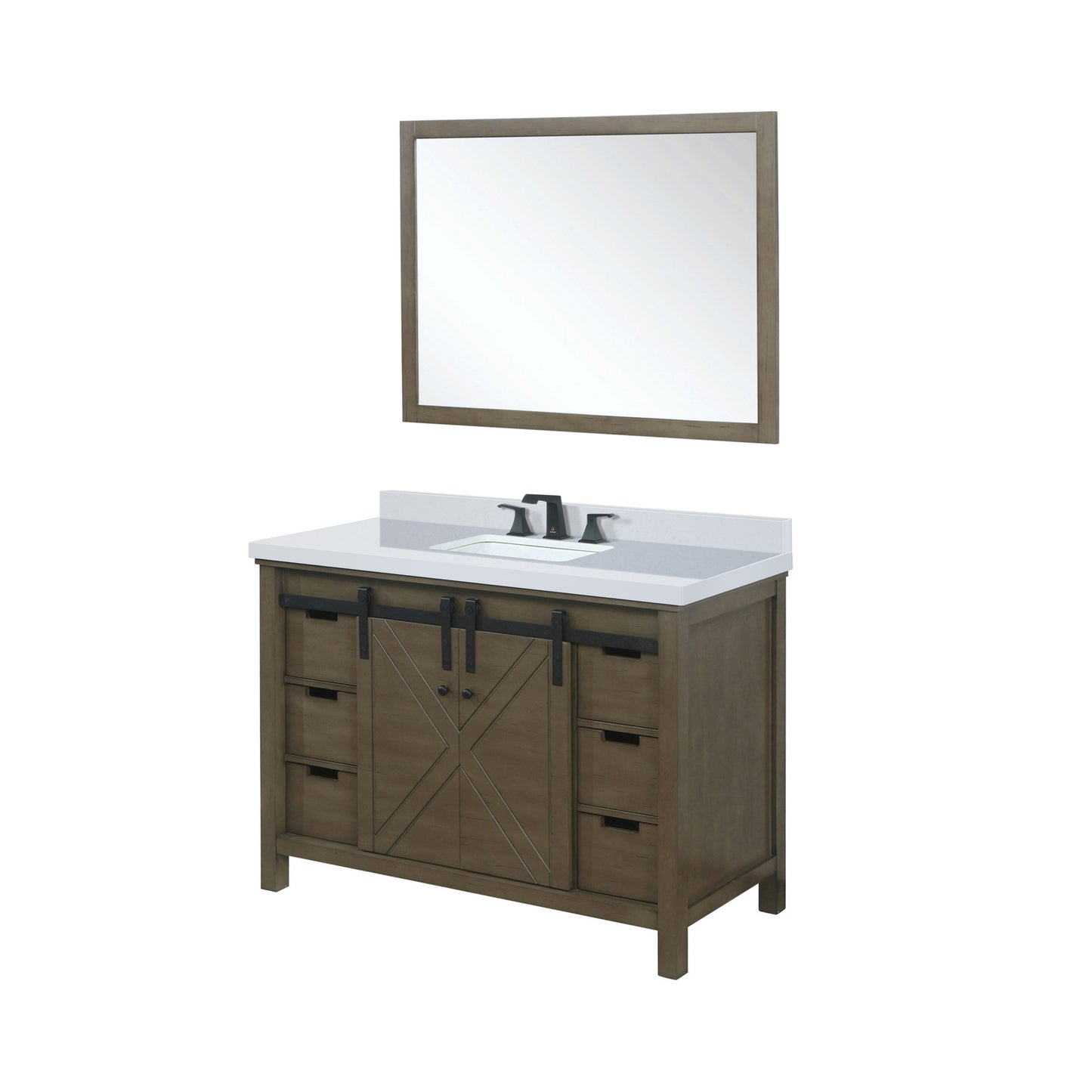 Lexora Collection Marsyas 48 inch Bath Vanity, White Quartz Countertop, Faucet Set and 44 inch Mirror - Luxe Bathroom Vanities