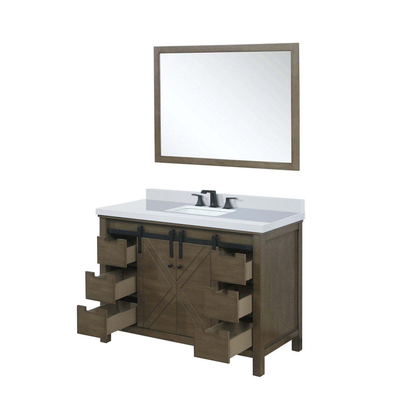 Lexora Collection Marsyas 48 inch Bath Vanity, White Quartz Countertop, Faucet Set and 44 inch Mirror - Luxe Bathroom Vanities