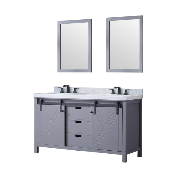 Lexora Collection Marsyas 60 inch Dark Grey Double Bath Vanity, Carrara Marble Countertop, Faucet Set and 24 inch Mirrors - Luxe Bathroom Vanities