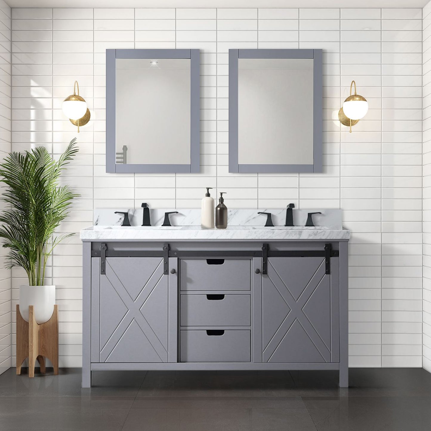 Lexora Collection Marsyas 60 inch Dark Grey Double Bath Vanity, Carrara Marble Countertop and Faucet Set - Luxe Bathroom Vanities