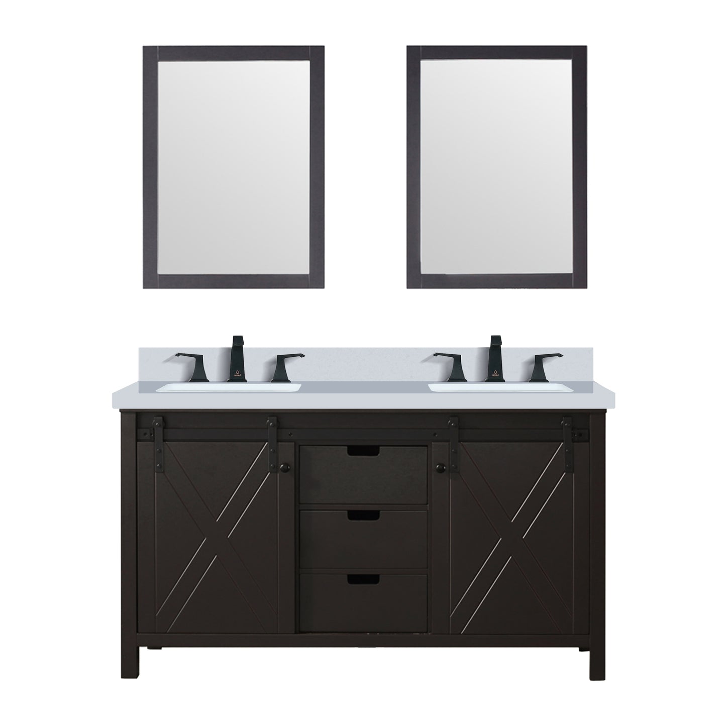 Lexora Collection Marsyas 60 inch Double Bath Vanity, White Quartz Countertop, Faucet Set and 24 inch Mirrors - Luxe Bathroom Vanities