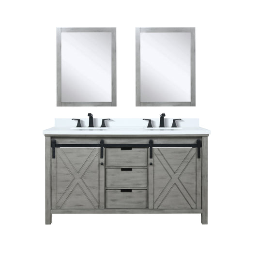 Lexora Collection Marsyas 60 inch Double Bath Vanity, White Quartz Countertop, Faucet Set and 24 inch Mirrors - Luxe Bathroom Vanities