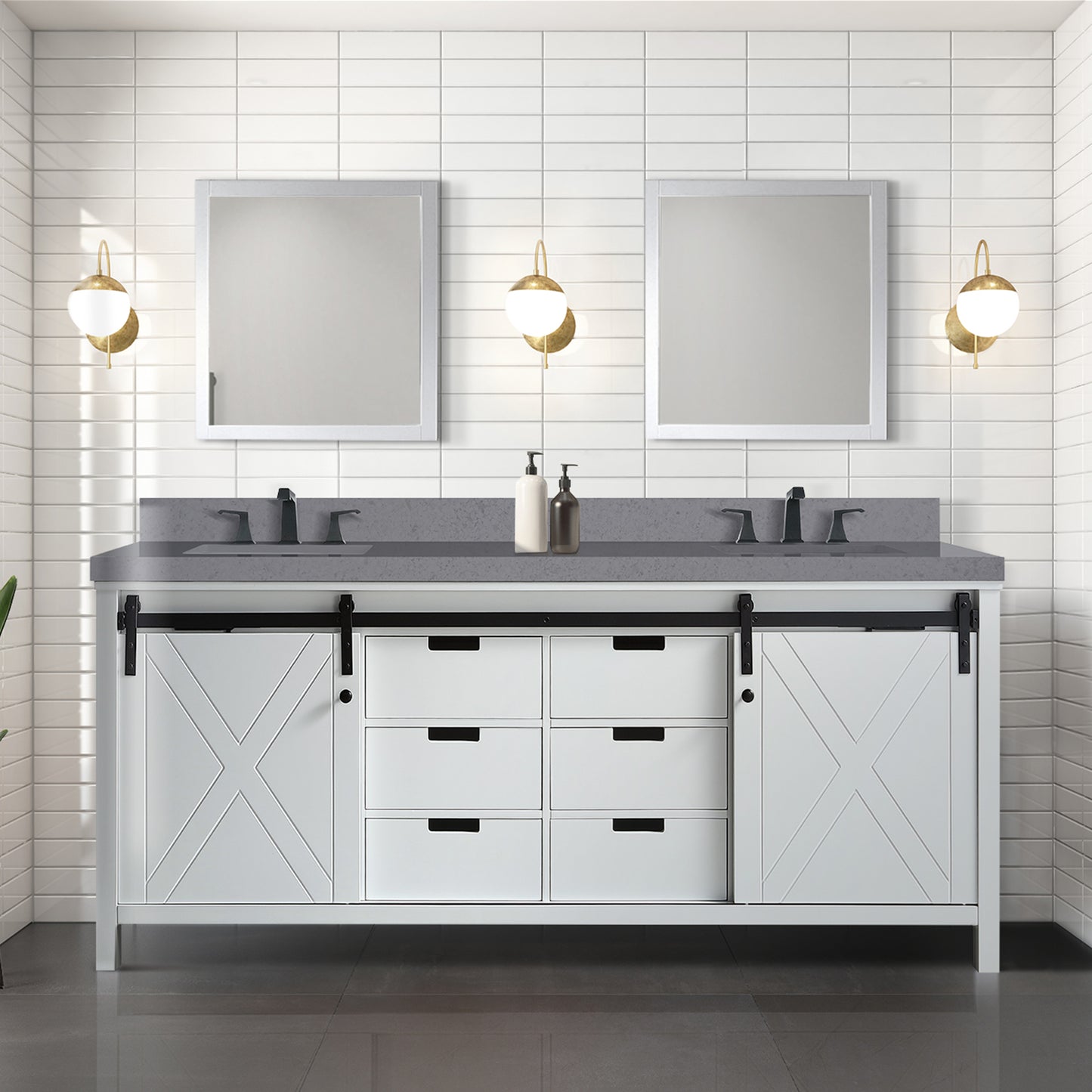 Lexora Collection Marsyas 80 inch White Double Bath Vanity, Grey Quartz Countertop and Faucet Set - Luxe Bathroom Vanities
