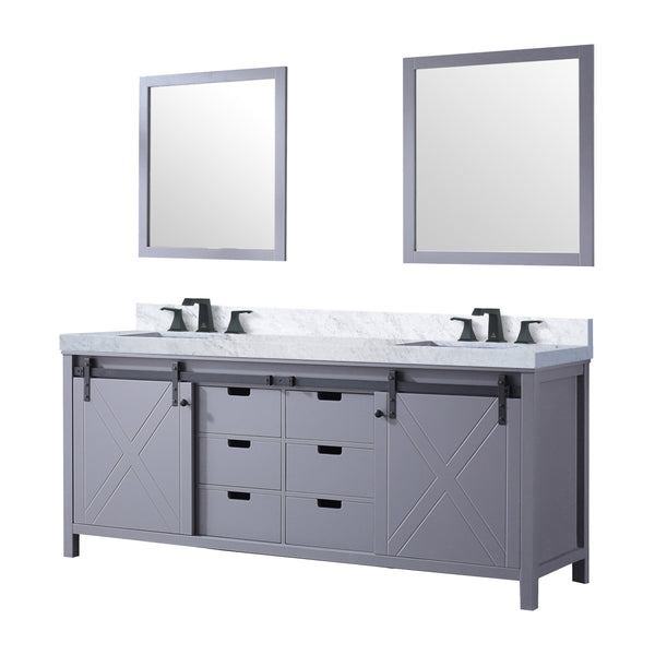 Lexora Collection Marsyas 80 inch Dark Grey Double Bath Vanity, Carrara Marble Countertop, Faucet Set and 30 inch Mirrors - Luxe Bathroom Vanities
