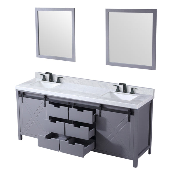 Lexora Collection Marsyas 80 inch Dark Grey Double Bath Vanity, Carrara Marble Countertop, Faucet Set and 30 inch Mirrors - Luxe Bathroom Vanities