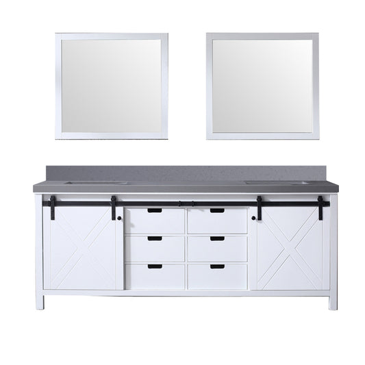 Lexora Collection Marsyas 84 inch White Double Bath Vanity, Grey Quartz Countertop and 34 inch Mirrors - Luxe Bathroom Vanities