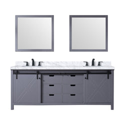 Lexora Collection Marsyas 84 inch Dark Grey Double Bath Vanity, Carrara Marble Countertop, Faucet Set and 34 inch Mirrors - Luxe Bathroom Vanities