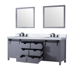 Lexora Collection Marsyas 84 inch Dark Grey Double Bath Vanity, Carrara Marble Countertop, Faucet Set and 34 inch Mirrors - Luxe Bathroom Vanities