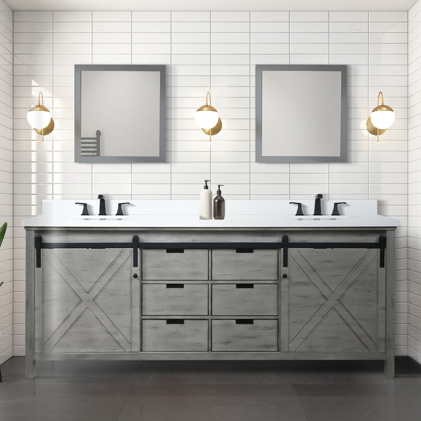 Lexora Collection Marsyas 84 inch Double Bath Vanity, White Quartz Countertop and 34 inch Mirrors - Luxe Bathroom Vanities