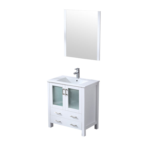Lexora Collection Volez 30 inch Bath Vanity, White Ceramic Top, Faucet Set, and 28 inch Mirror - Luxe Bathroom Vanities