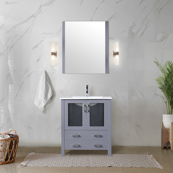 Lexora Collection Volez 30 inch Bath Vanity, White Ceramic Top, Faucet Set, and 28 inch Mirror - Luxe Bathroom Vanities