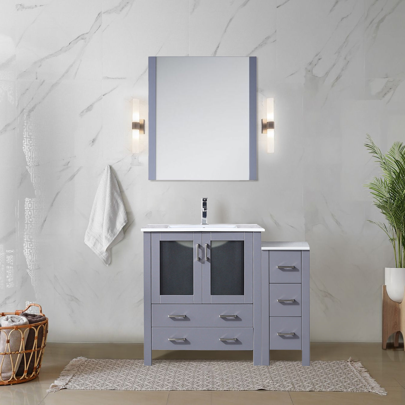 Lexora Collection Volez 42 inch Single Bath Vanity with Side Cabinet, and White Ceramic Top - Luxe Bathroom Vanities