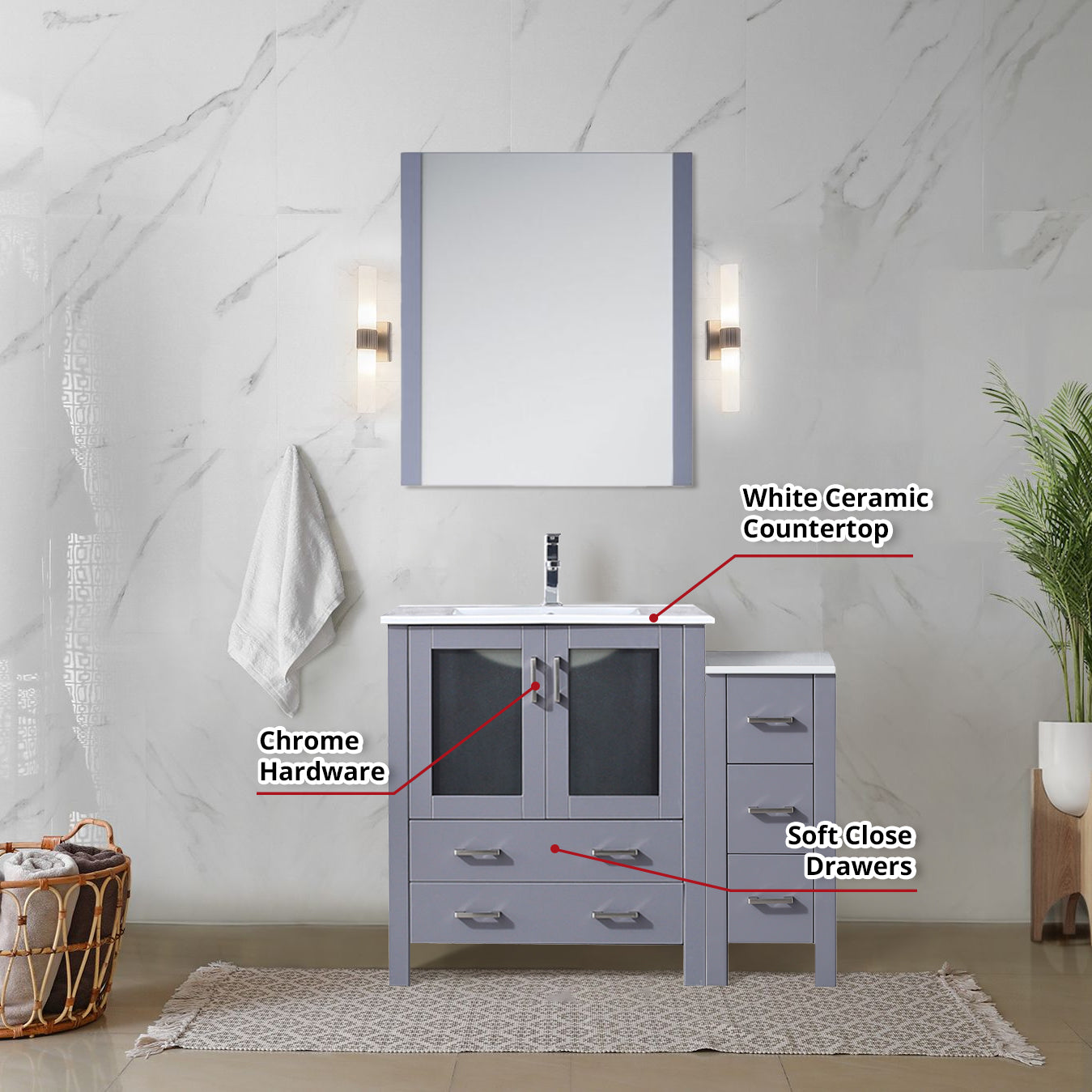 Lexora Collection Volez 42 inch Single Bath Vanity with Side Cabinet, and White Ceramic Top - Luxe Bathroom Vanities