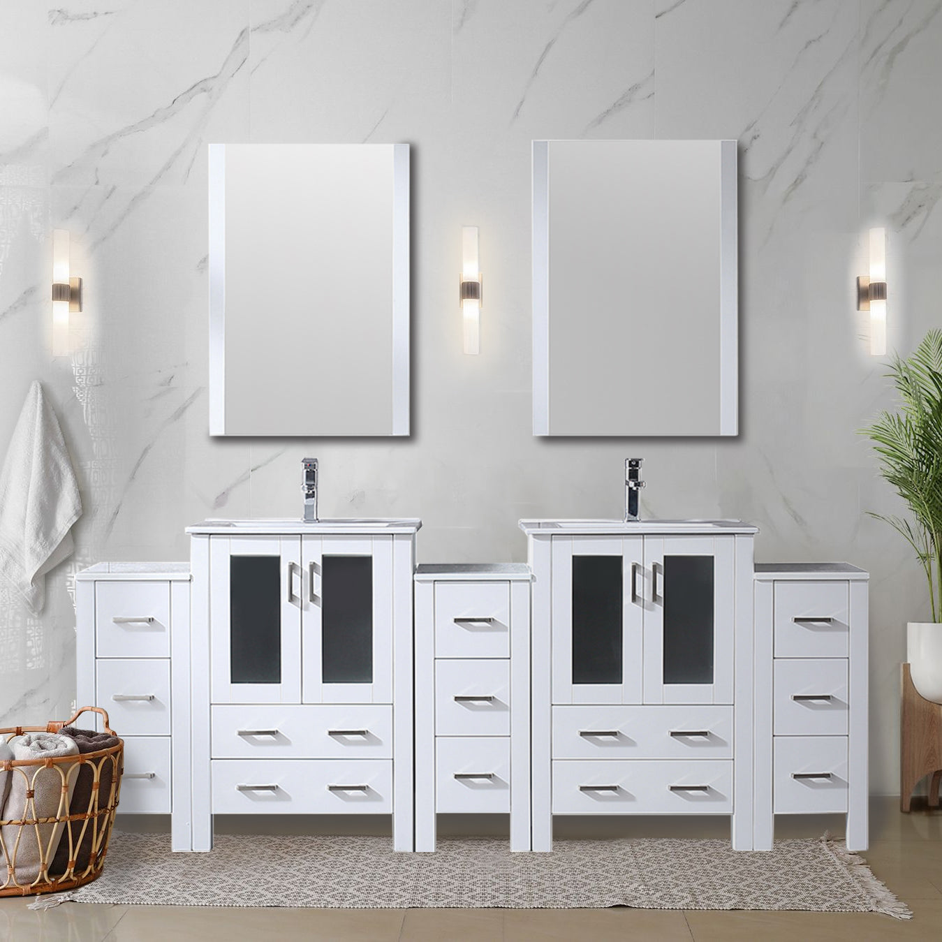 Lexora Collection Volez 84 inch Single Bath Vanity with Side Cabinets, and White Ceramic Top - Luxe Bathroom Vanities