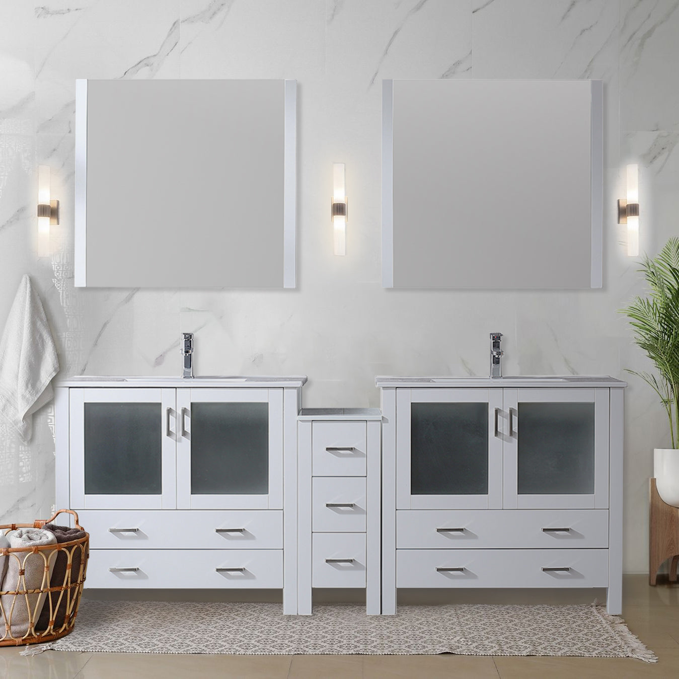 Lexora Collection Volez 84 inch Single Bath Vanity with Side Cabinets, and White Ceramic Top - Luxe Bathroom Vanities