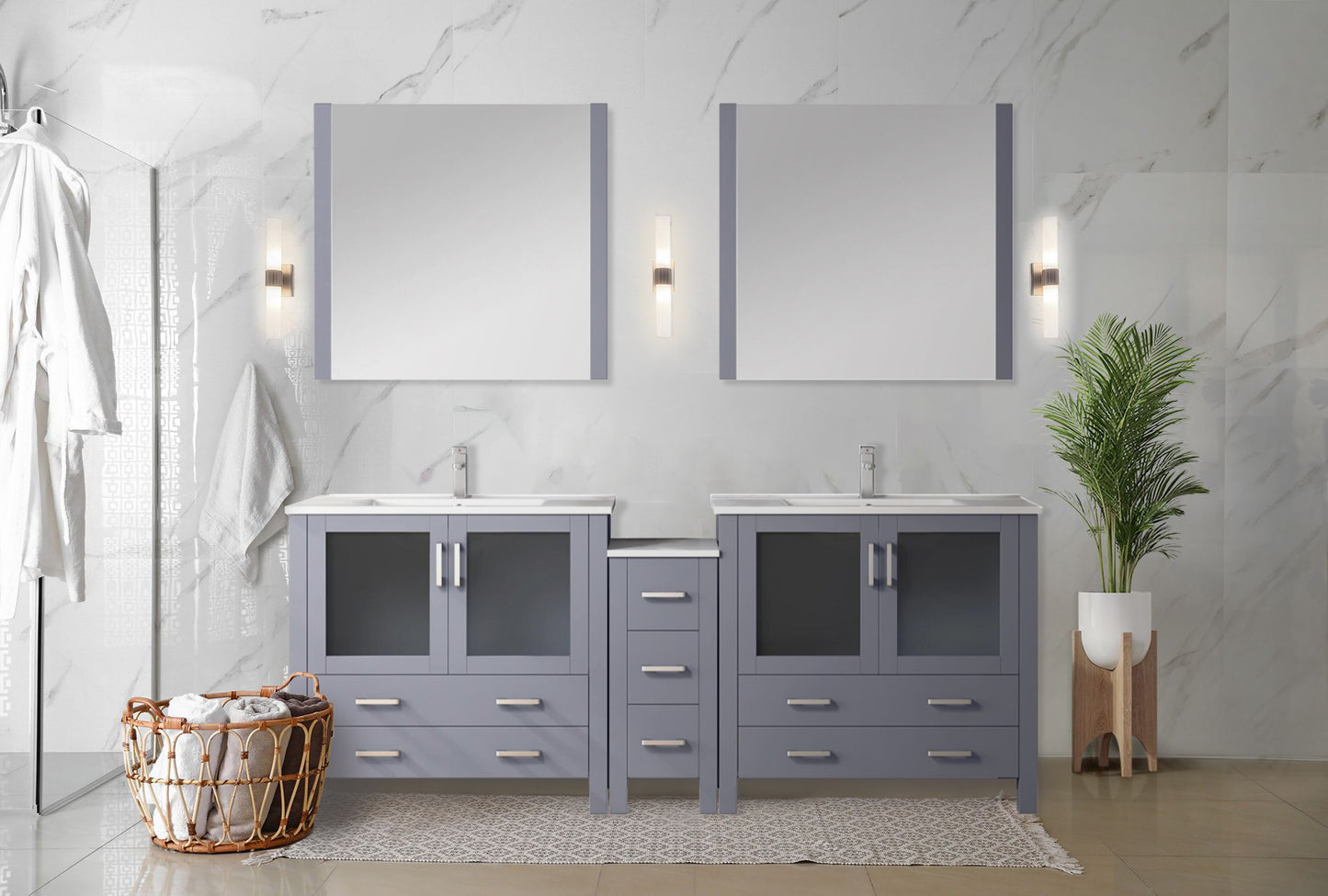 Lexora Collection Volez 84 inch Single Bath Vanity with Side Cabinets, and White Ceramic Top - Luxe Bathroom Vanities