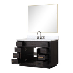 Lexora Collection Abbey 48 inch Single Bath Vanity, Carrara Marble Top, Faucet Set, and 46 inch Mirror - Luxe Bathroom Vanities