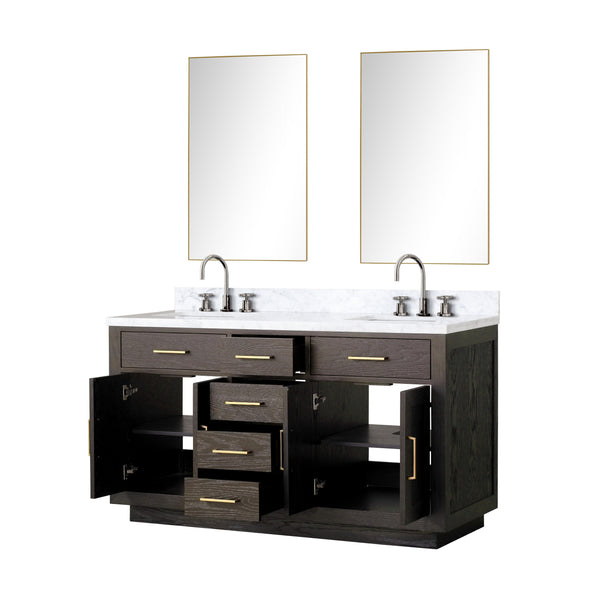 Lexora Collection Abbey 60 inch Double Bath Vanity, Carrara Marble Top, Faucet Set, and 28 inch Mirrors - Luxe Bathroom Vanities