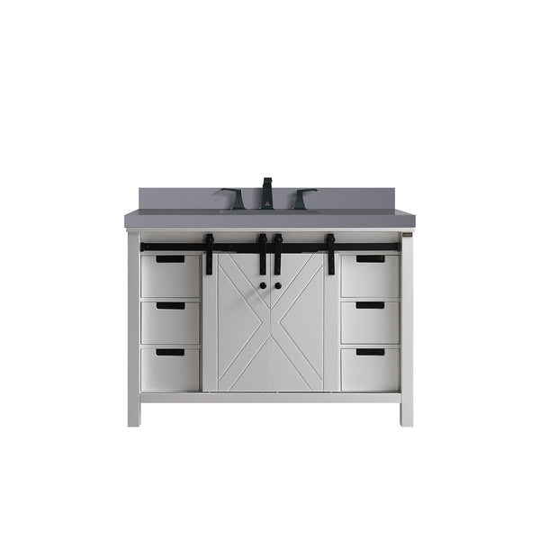 Lexora Collection Marsyas 48 inch White Bath Vanity, Grey Quartz Countertop and Faucet Set - Luxe Bathroom Vanities