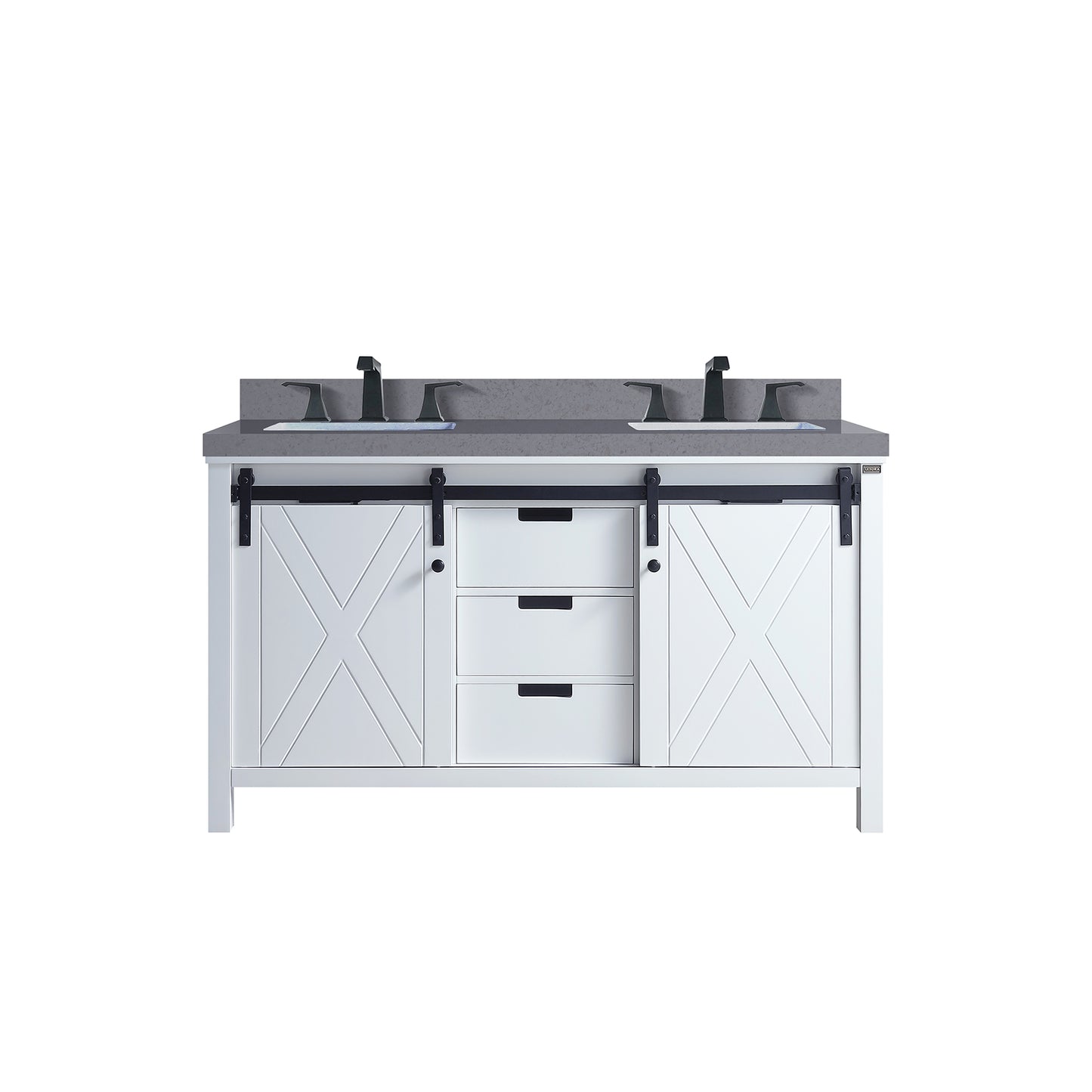 Lexora Collection Marsyas 60 inch White Double Bath Vanity, Grey Quartz Countertop and Faucet Set - Luxe Bathroom Vanities