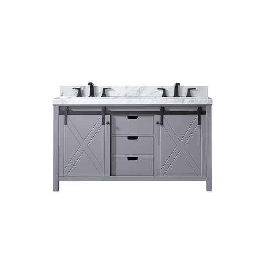 Lexora Collection Marsyas 60 inch Dark Grey Double Bath Vanity, Carrara Marble Countertop and Faucet Set - Luxe Bathroom Vanities