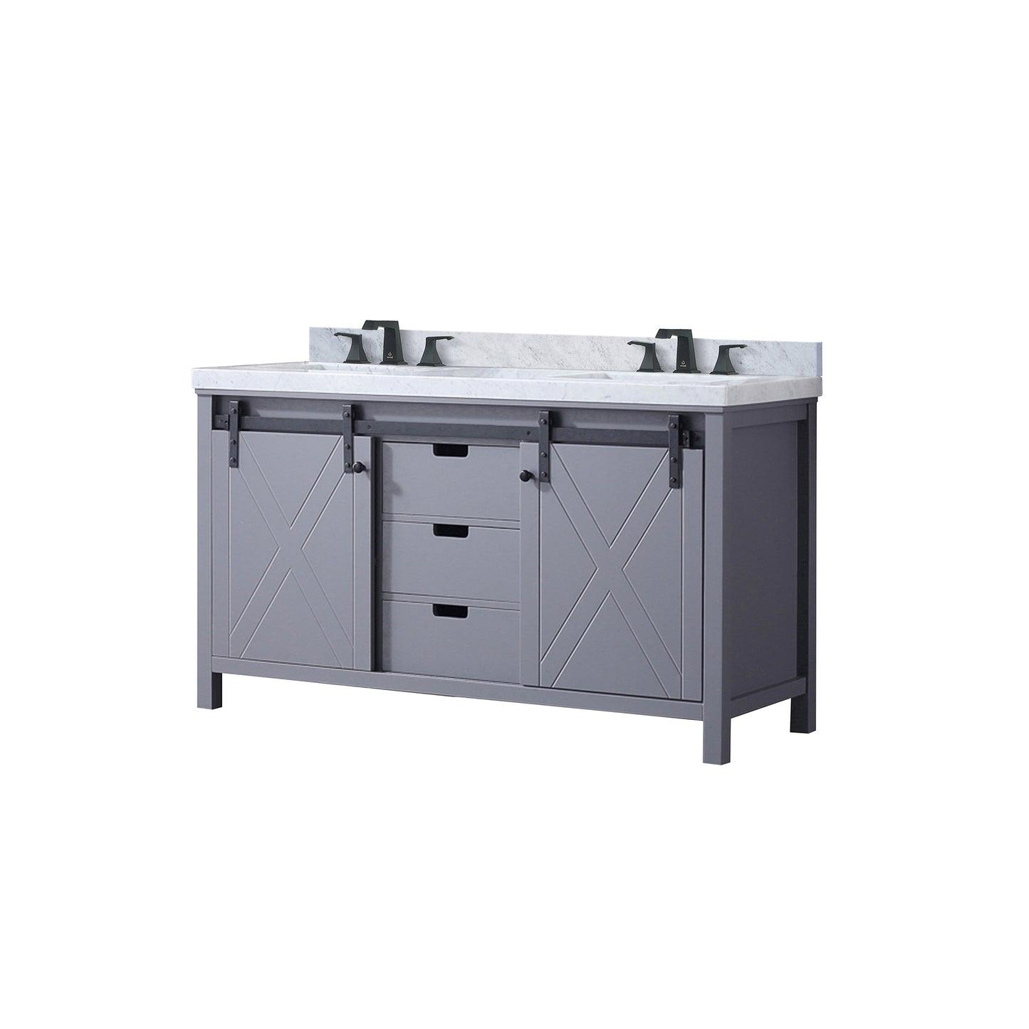 Lexora Collection Marsyas 60 inch Dark Grey Double Bath Vanity, Carrara Marble Countertop and Faucet Set - Luxe Bathroom Vanities