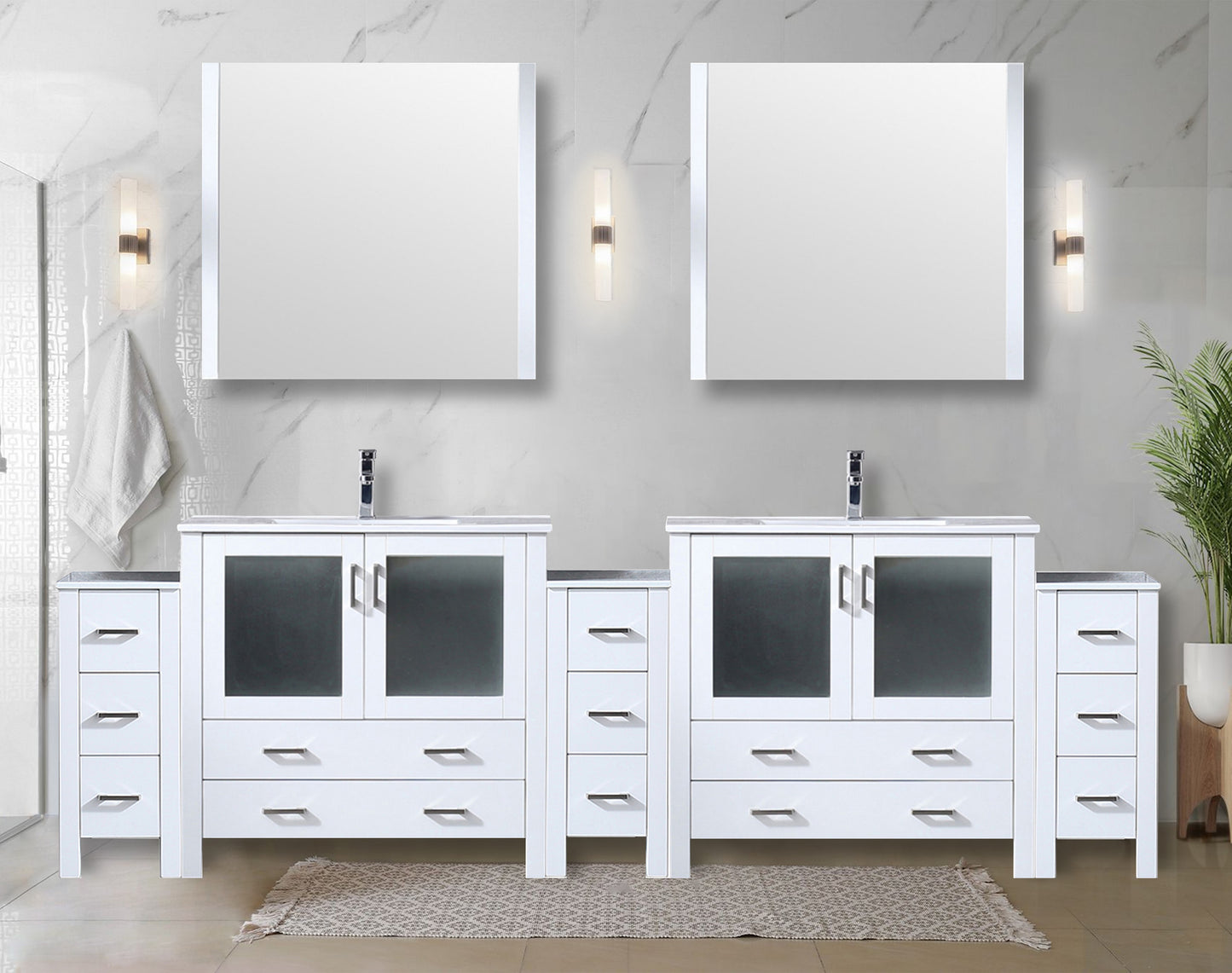 Lexora Collection Volez 108 inch Single Bath Vanity with Side Cabinets, and White Ceramic Top - Luxe Bathroom Vanities