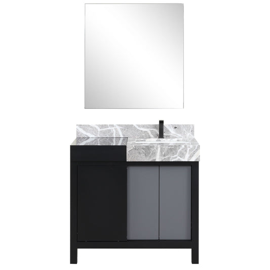 Lexora Collection Zilara 36 inch Black and Grey Bath Vanity, Castle Grey Marble Top, Faucet Set and 30 inch Mirror - Luxe Bathroom Vanities