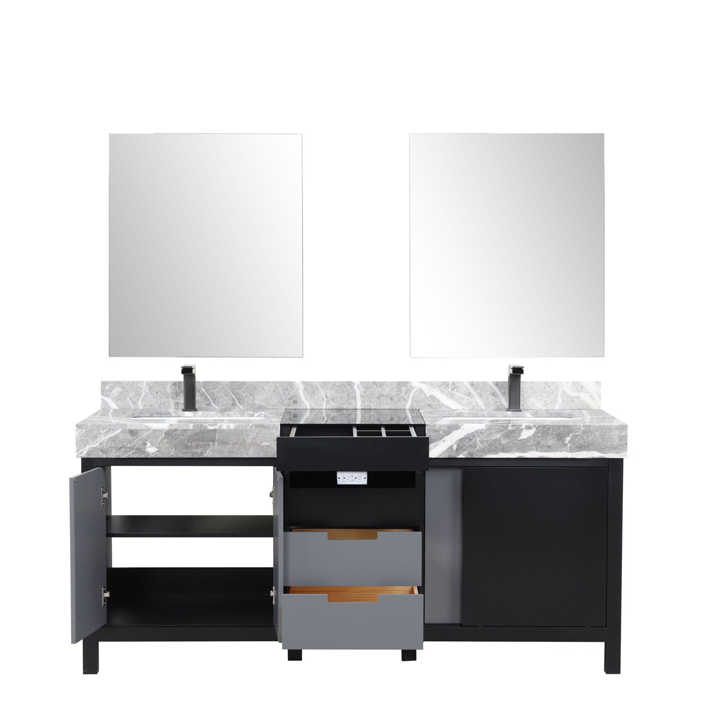 Lexora Collection Zilara 72 inch Black and Grey Double Bath Vanity, Castle Grey Marble Top, Faucet Set and 28 inch Mirrors - Luxe Bathroom Vanities
