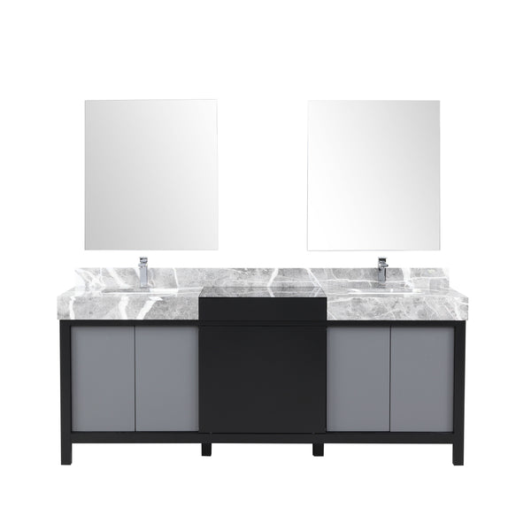 Lexora Collection Zilara 80 inch Black and Grey Double Bath Vanity, Castle Grey Marble Top, Faucet Set and 30 inch Mirrors - Luxe Bathroom Vanities