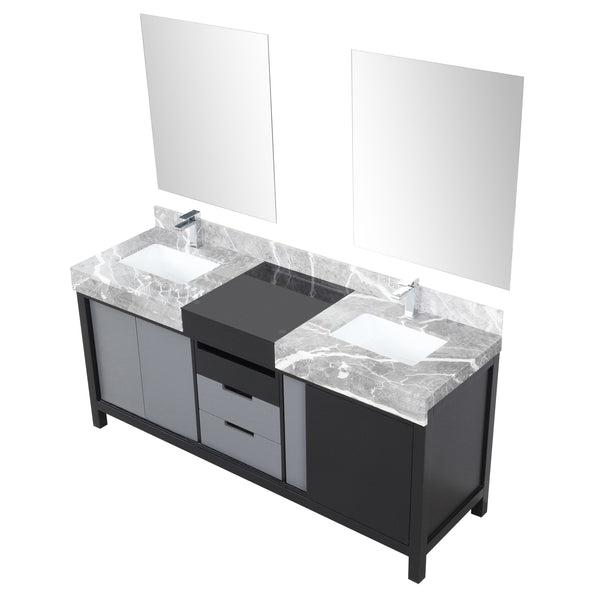 Lexora Collection Zilara 72 inch Black and Grey Double Bath Vanity, Castle Grey Marble Top, Faucet Set and 28 inch Mirrors - Luxe Bathroom Vanities