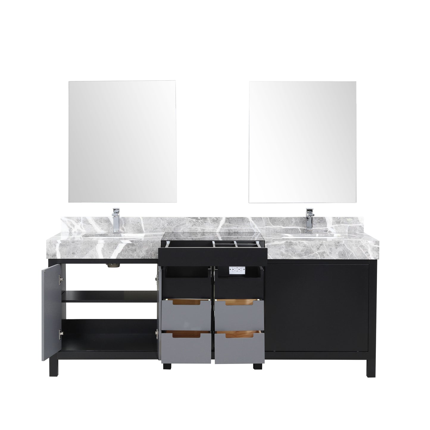 Lexora Collection Zilara 80 inch Black and Grey Double Bath Vanity, Castle Grey Marble Top, Faucet Set and 30 inch Mirrors - Luxe Bathroom Vanities