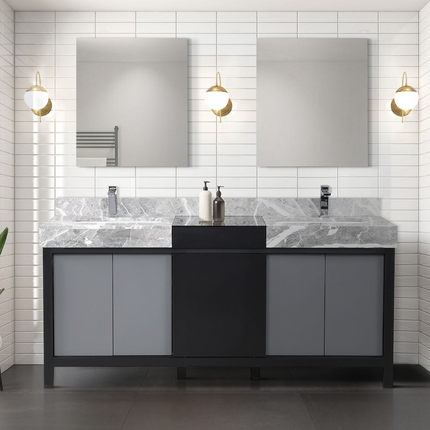 Lexora Collection Zilara Black and Grey Double Bath Vanity and Castle Grey Marble Top - Luxe Bathroom Vanities